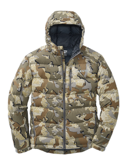 Front of Super Down PRO Hooded Jacket in Valo Camouflage
