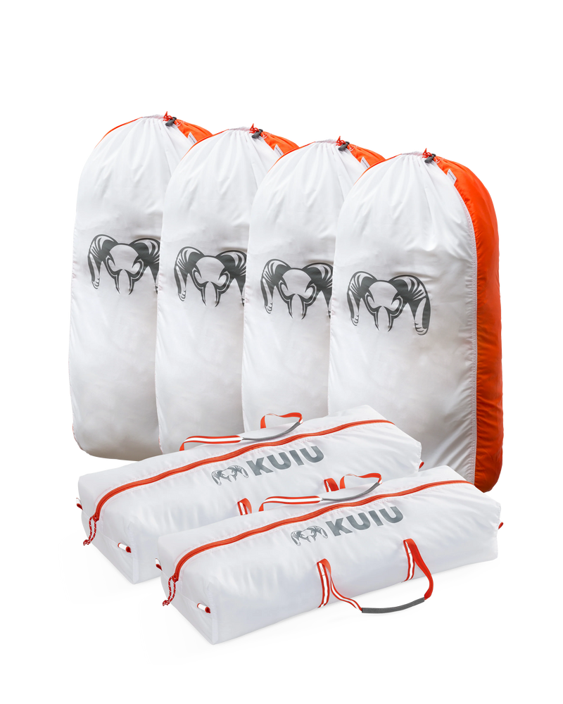 Picture of the Large Deer/Sheep Medium Game Bag Set displaying four upright white and orange Quarter Game Bags in size medium and two  horizontally laid Boned Out Game Bags in size medium
