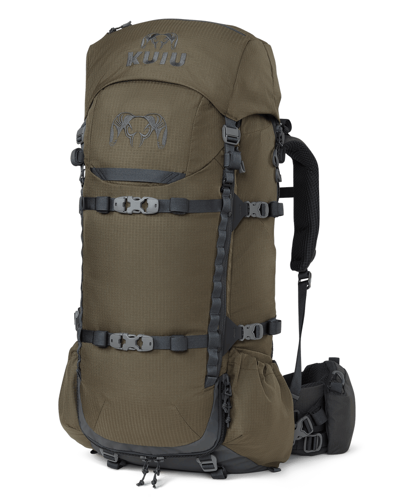 Front of PRO Divide 4500 Bag in Ash Brown with suspension, hip belt pouches, and lid