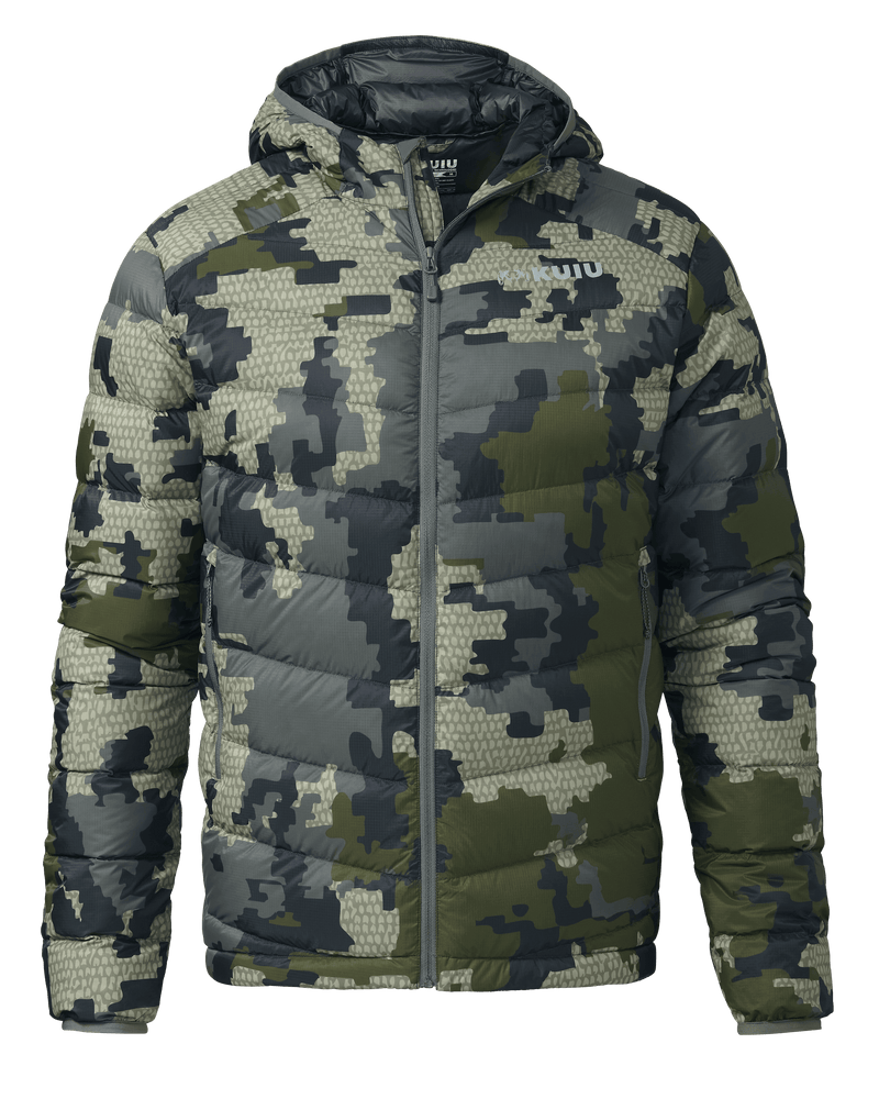 Front of Super Down LT Hooded Jacket in Verde Camouflage