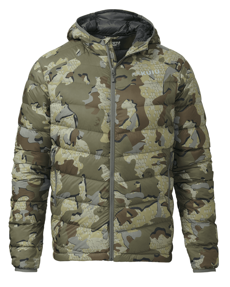 Front of Super Down LT Hooded Jacket in Valo Camouflage