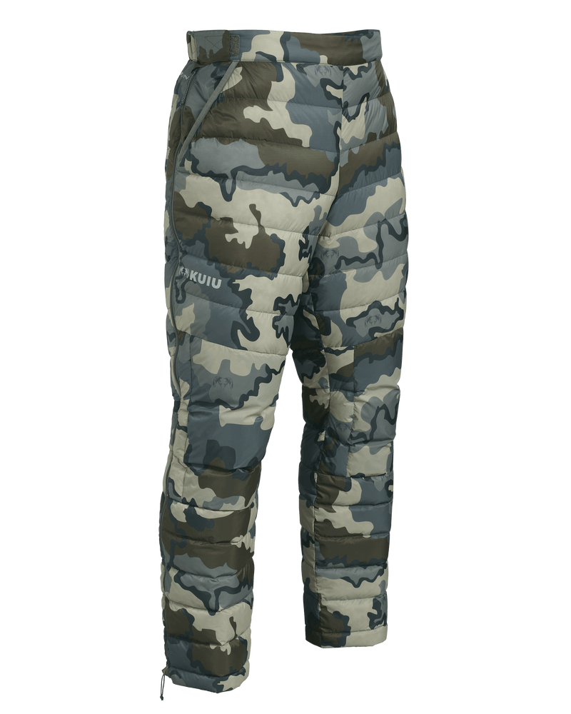 Front of Super Down LT Pant in Vias Camouflage Color