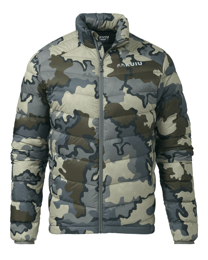Front of Super Down LT Jacket in Vias Camouflage