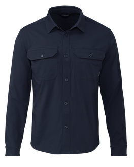 Navy collared button down long sleeve shirt with two button closure chest pockets