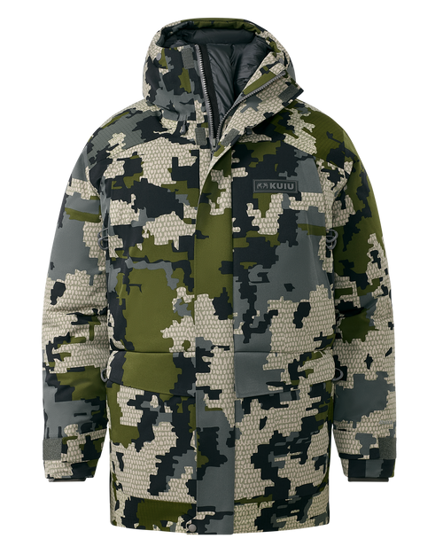 Front of Super Down Arktuk Parka in Verde Camouflage, displaying unzipped chin guard