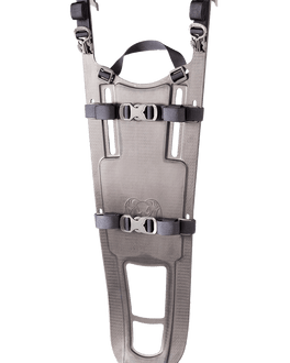 Front of KUIU carbon fiber frame with compression straps rolled up tight to the frame sheet