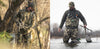 Split image collage with the left image showing a whitetail hunter in a tree stand rattling antlers and the right image showing a duck hunter setting duck decoys.