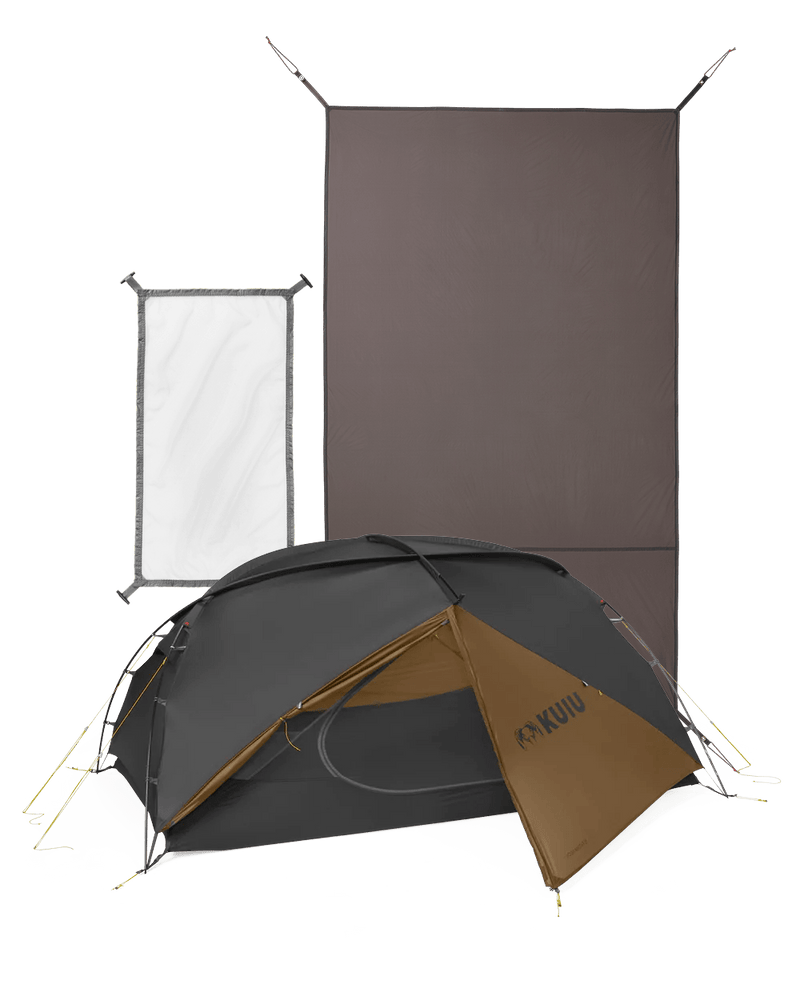 Mountain Star Two Person Tent in Gunmetal-Camel Color Highlighting Footprint and Gear Loft