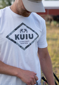 Front of Hunter Holding Bow Wearing Vias Storm Sign T Shirt in White Color