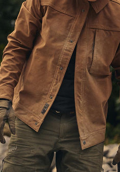 Man wearing wearing Brawley Canvas Jacket in Saddle Brown