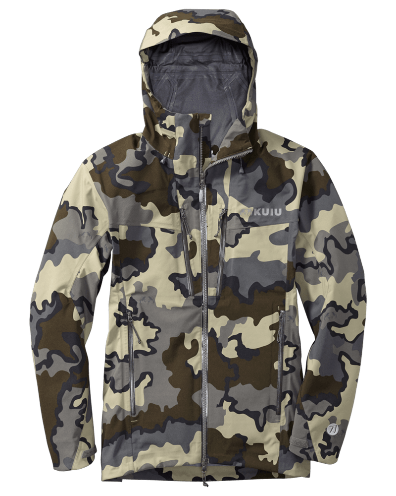 Front of Kutana Storm shell jacket in Vias camouflage