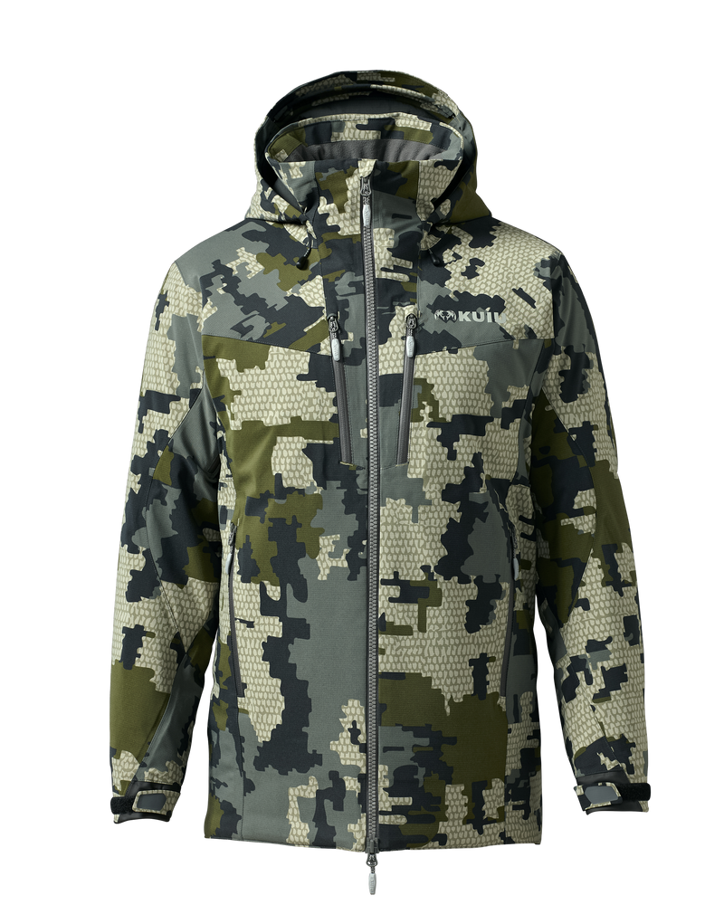 Front of Kutana Gale Force Hooded Jacket in Verde Camouflage