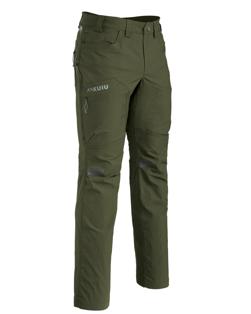 Angled, Front View of Kutana Stretch Woven Pant in Loden Green