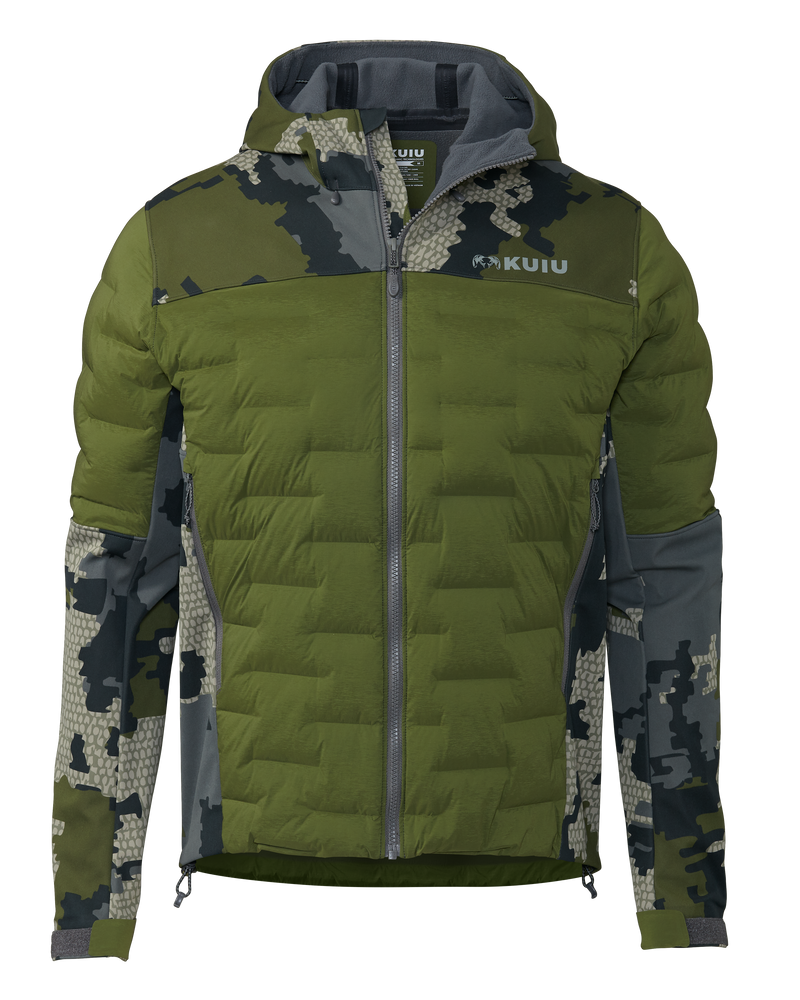 Front of Axis Thermal Hooded Jacket in Verde Camouflage