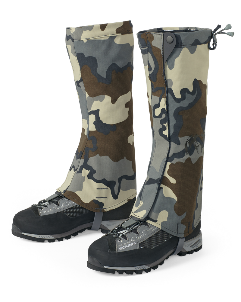 Front, Angled View of Kutana Storm Gaiters in Vias Camouflage