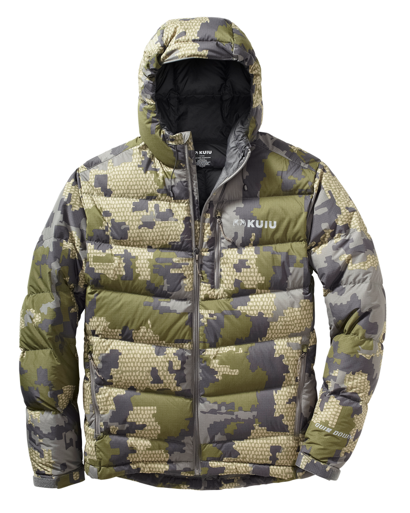 Front of Super Down Pro Hooded Jacket in Verde Camouflage