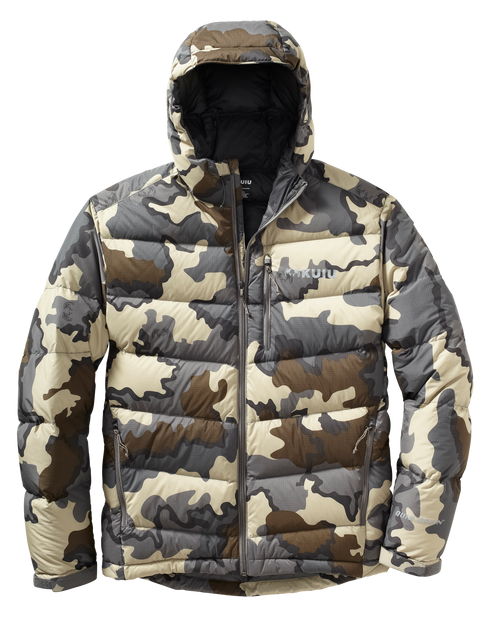 Front of Super Down Pro Hooded Jacket in Vias Camouflage