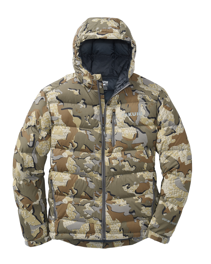 Front of Super Down Pro Hooded Jacket in Valo Camouflage