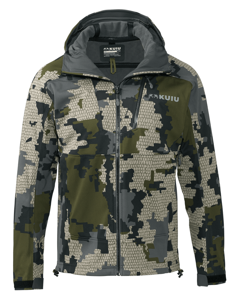 Front of Axis Hybrid Hooded Jacket in Verde Camouflage