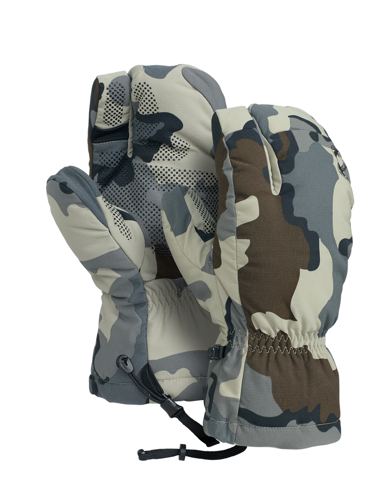 Front and Back of Super Down Pro Glassing GloMitt in Vias Camouflage
