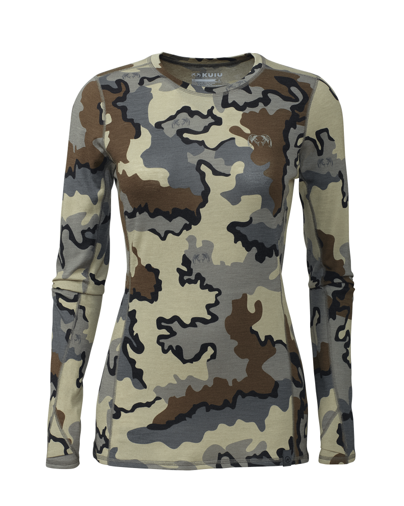 Front of Women's ULTRA Merino 145 Long Sleeve Crewneck Shirt in Vias Camouflage
