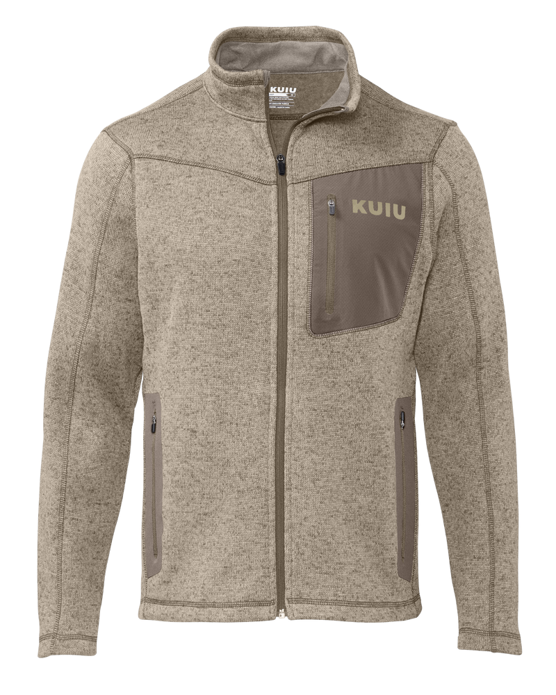 Front of Base Camp Full Zip Sweater in Khaki