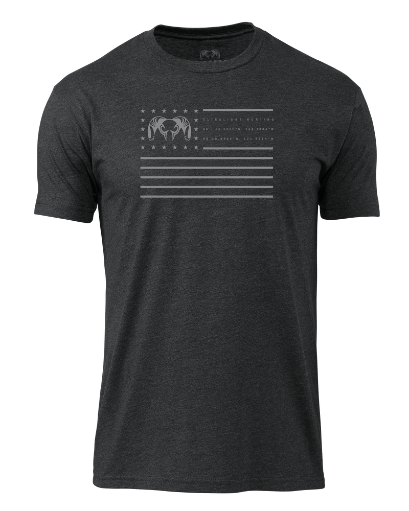 Front of Info Flag T-Shirt in Charcoal