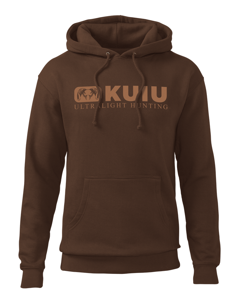 Front of KUIU Block Logo Hoodie in Brown