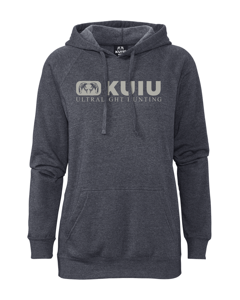 Front of Women’s Block Ram Hoodie in Heather Navy 