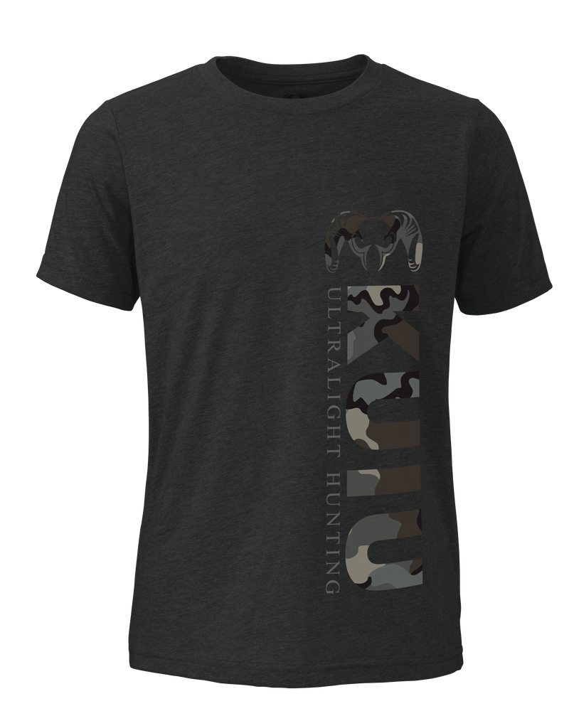 Front of Youth Camo Vertical T-Shirt in Charcoal with Vias Camouflage Logo