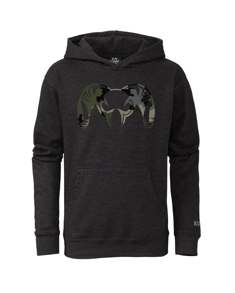 Front of Youth Camo Big Ram Hoodie in Charcoal with Verde Camouflage Logo