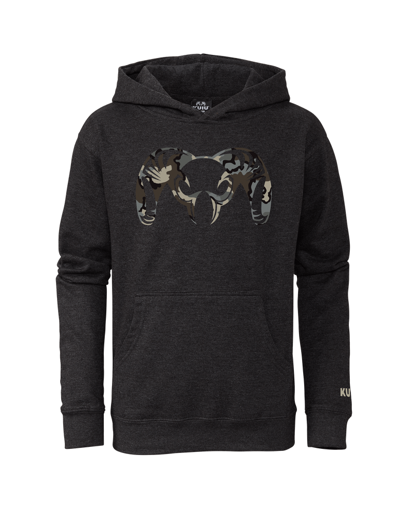 Front of Youth Camo Big Ram Hoodie in Charcoal with Vias Camouflage Logo
