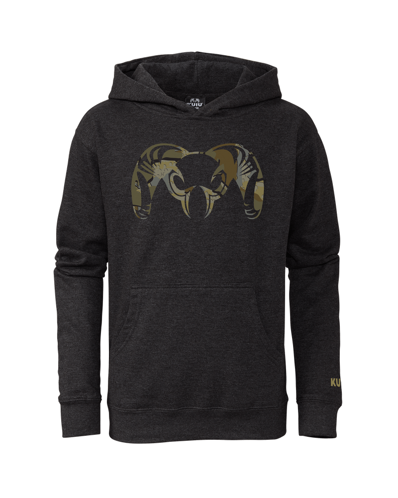 Front of Youth Camo Big Ram Hoodie in Charcoal with Valo Camouflage Logo
