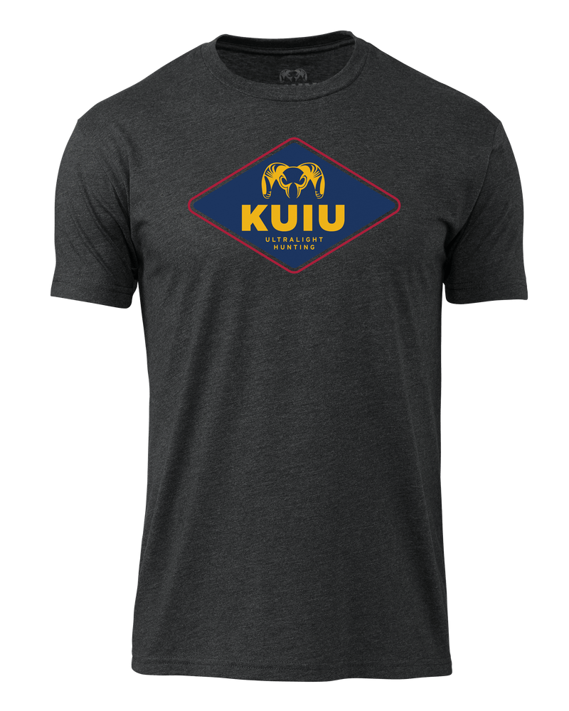 Front of KUIU Ultralight Hunting T-Shirt in Charcoal Grey with diamond shaped logo in center of chest