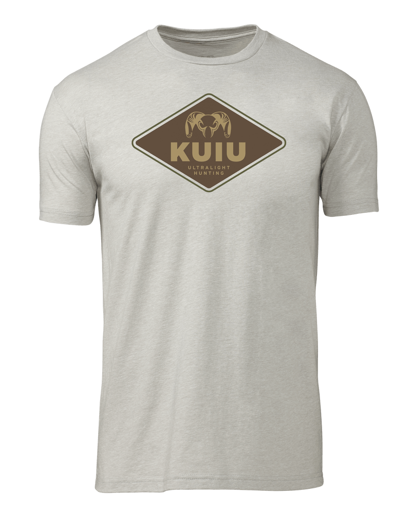Front of KUIU Ultralight Hunting T-Shirt in Silk Tan with diamond shaped logo in center of chest