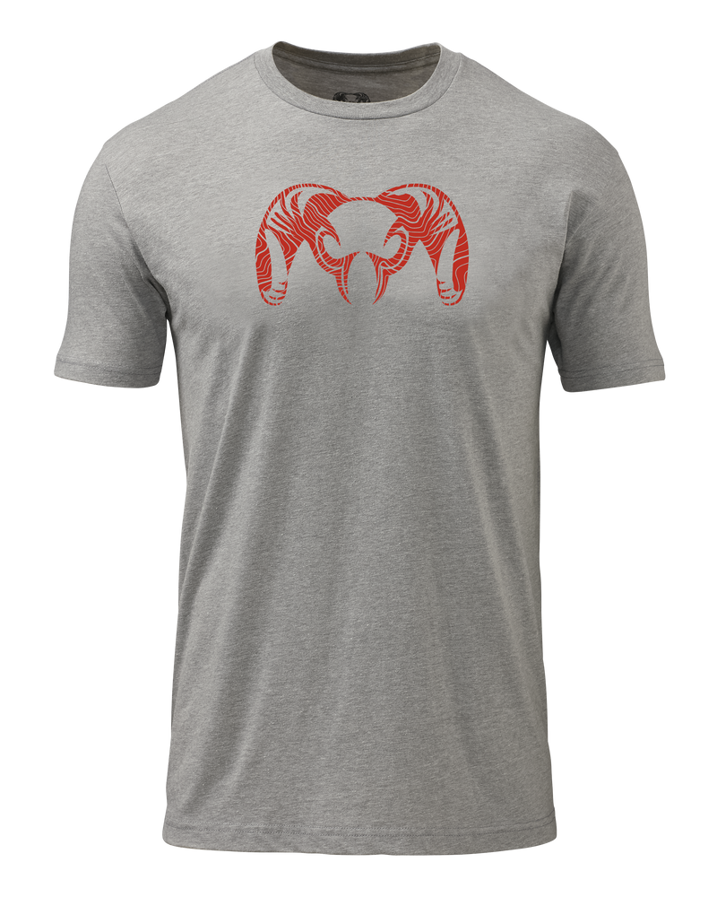 Front of Red Topographic Ram T-Shirt in Dark Heather Grey