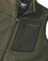 Flat lay highlighting front zipper, tagless KUIU label, and vertical left chest pocket on Base Camp Sweater Vest in Olive Heather Green