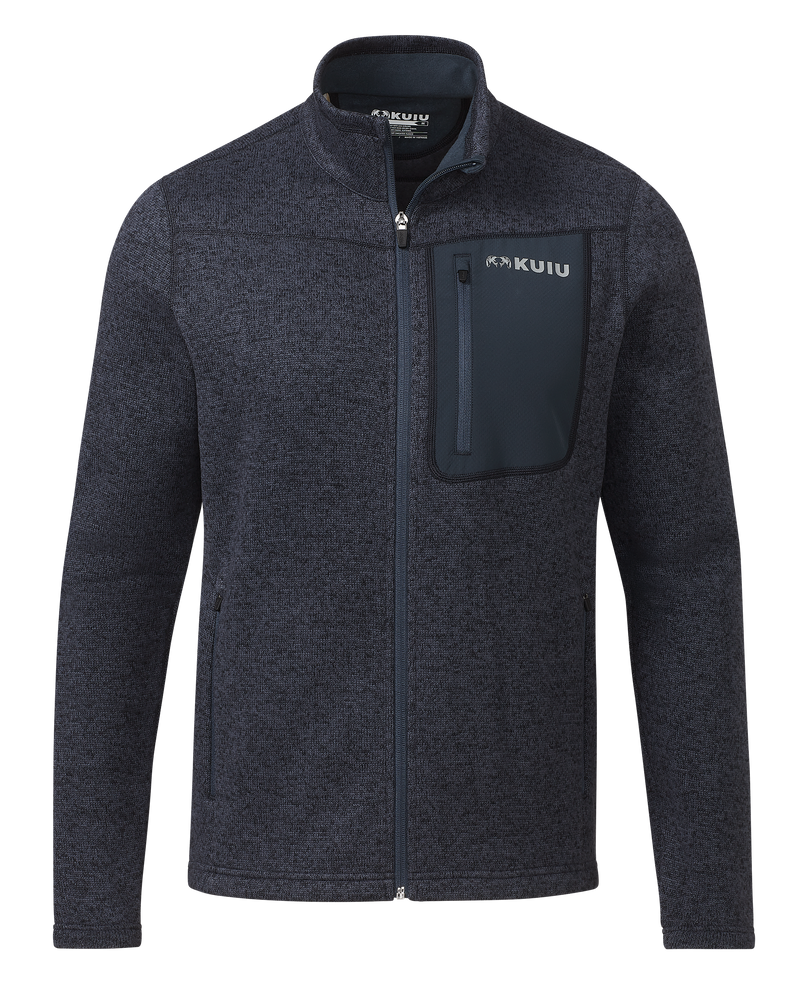 Front of Base Camp Full Zip Sweater in Steel Blue Heather