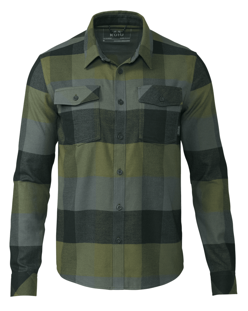 Front of Field Flannel Shirt in Verde Camouflage Plaid