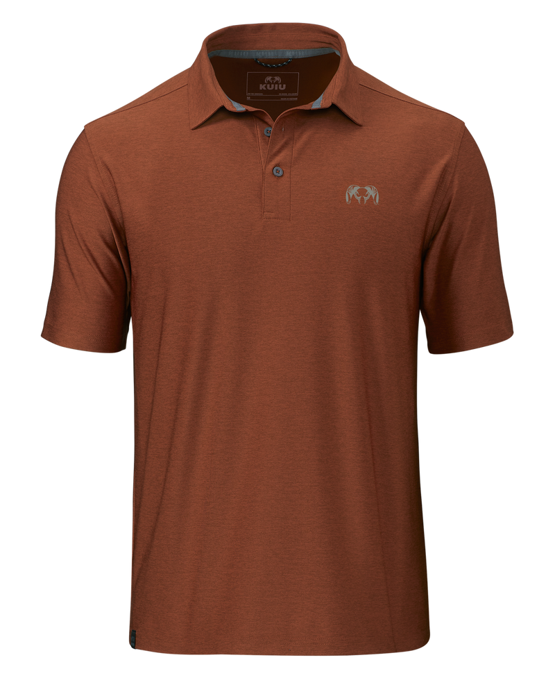 Front of KUIU Performance Polo in Heather Resin Red