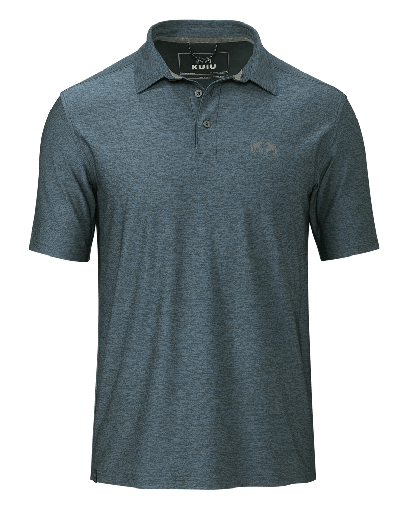 Front view of the KUIU Performance Polo in Heather Navy Blue