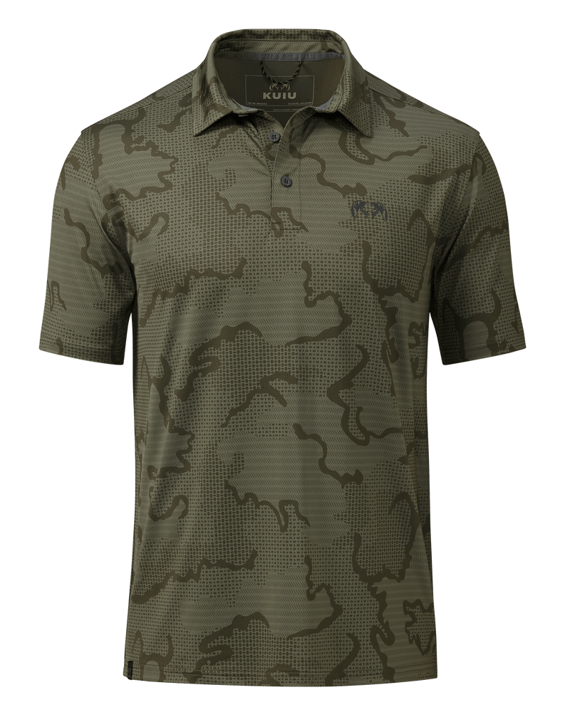 Front of KUIU Performance Polo Shirt in Dark Sage Green Tonal Pattern