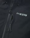 Close-up detail of front zipper and vertical zippered chest pocket on the Northridge Rain Jacket in Black