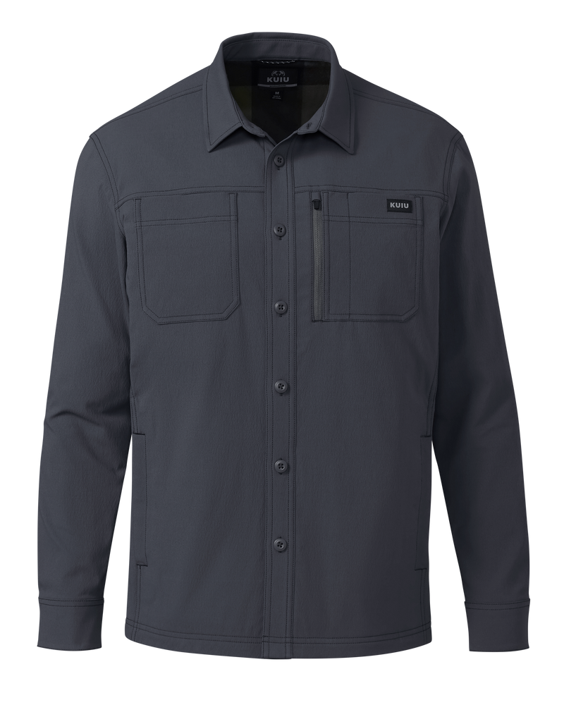Front of Motive Flannel Lined Shirt Jacket in Steel Blue 
