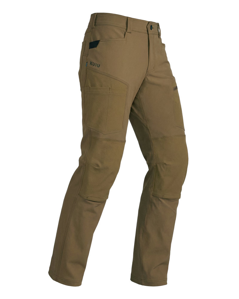 Angled pose highlighting shape and construction of Groundwork Woven Pant in Tobacco Brown