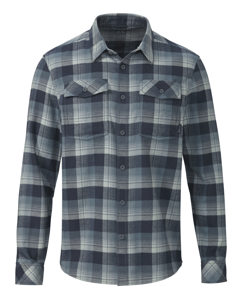 Front of Field Flannel Shirt in Flax Blockline Blue Grey