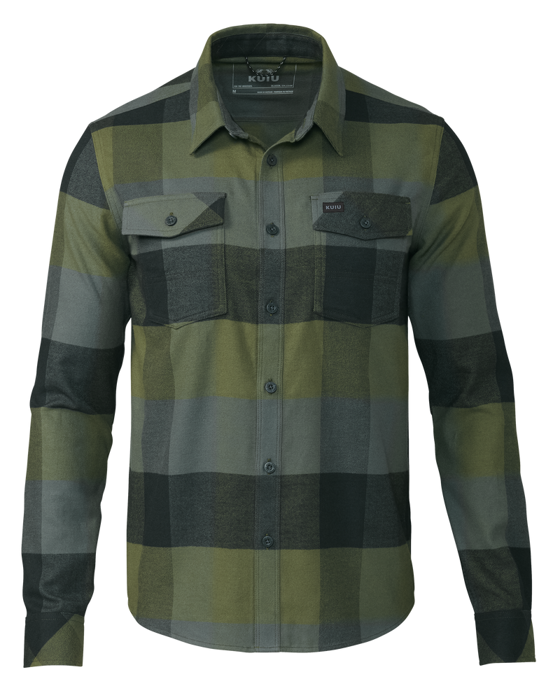 Front of Field Flannel Shirt in Verde Plaid
