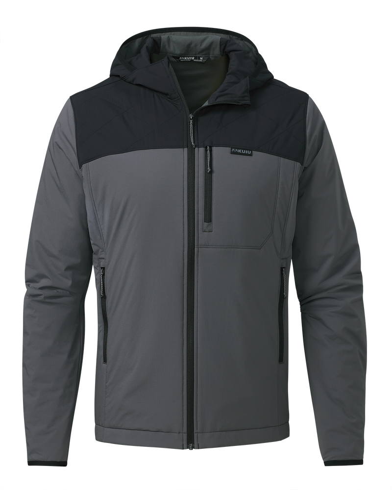 Front of Back of Transit Packable Hooded Jacket in Black/Gunmetal
