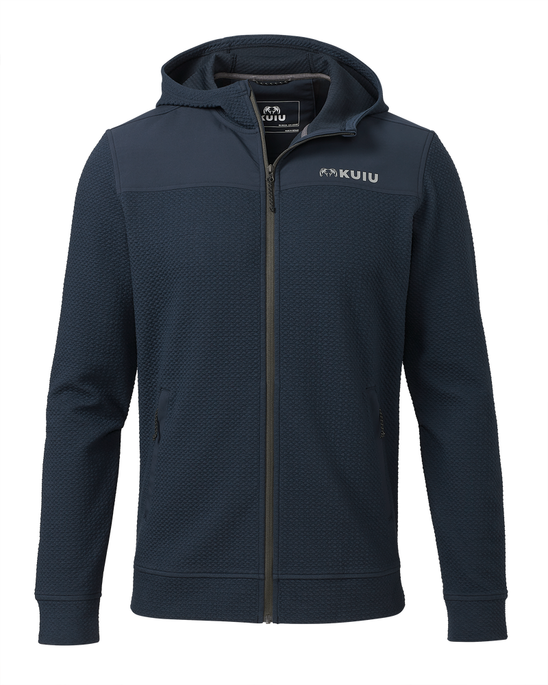 Front of Solitude Knit Hoodie in Steel Blue