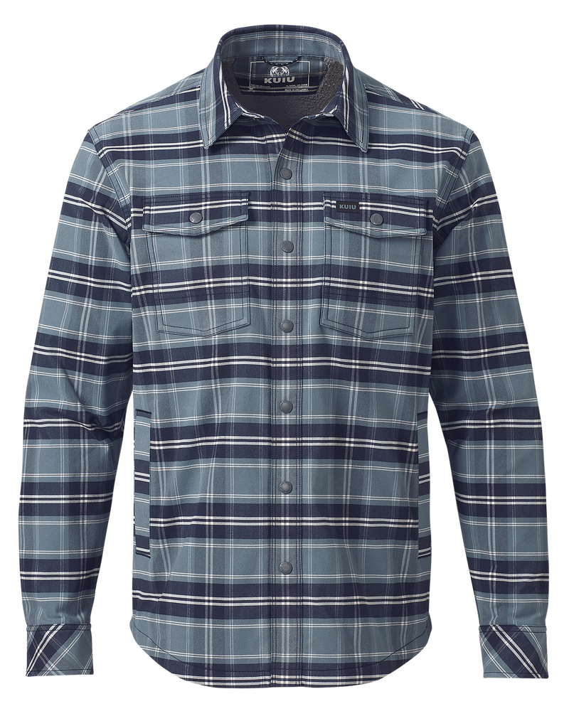 Front of Field Flannel Fleece Shirt Jacket in Steel Blue Framework